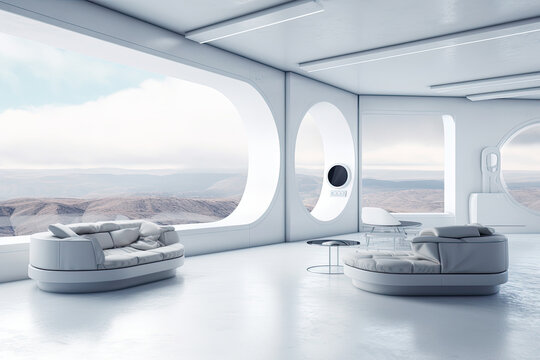 Futuristic room interior. Modern living room, minimalistic style. Created with Generative AI