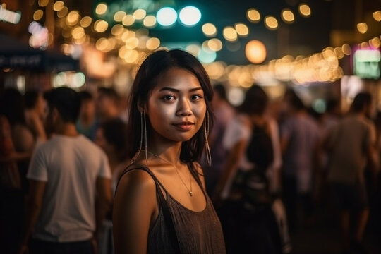 young adult asian or indonesian woman,m fictional place, in the middle of night life with many local people and tourists in tourist area, night life and night market. Generative AI
