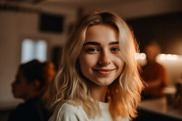 young adult woman or teenage girl smiling happy and having fun, fictional place like in kitchen with family. Generative AI