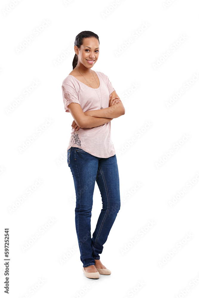 Poster Fashion, happy and portrait of a woman with crossed arms for confidence with a casual outfit. Happiness, smile and full length of female model with trendy style isolated by transparent png background