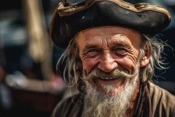 a mature old adult man is a pirate on a pirate ship. Generative AI