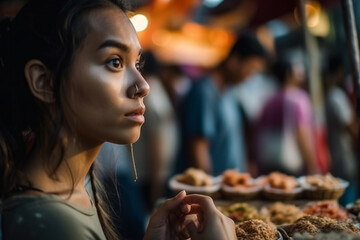 young adult is local street vendor selling snacks and food, fictional location. Generative AI