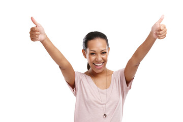 Portrait, thumbs up and motivation from a happy woman for success isolated on transparent png background. Yes, hands and support with a young female winner giving a like for review or feedback