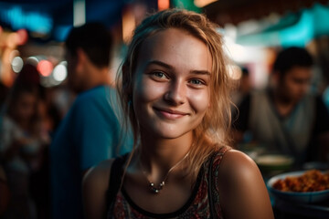 young adult woman is happy, fictional place. Generative AI