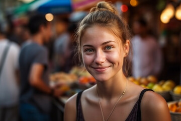 young tourist woman or teenager outdoors in typical nightlife in a city with many local people in the market, fictional place. Generative AI