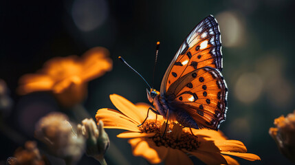 A close-up of beautiful Butterfly on flower in nature, generative ai