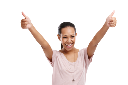 Portrait, thumbs up and motivation from a happy woman for success isolated on transparent png background. Yes, hands and support with a young female winner giving a like for review or feedback
