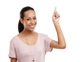 Portrait, happy woman pointing up and on png or transparent background. Mockup, commercial or advertisement female with hand gesture advertising business promotion or sale in an isolated space