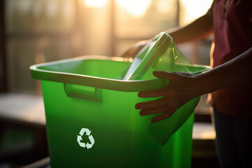 Woman Holding Green Recycling Container with Prominent White Symbol