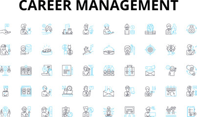 career management linear icons set. Planning, Development, Advancement, Nerking, Promotion, Mentoring, Leadership vector symbols and line concept signs. Pathway,Skills,Coaching illustration