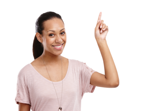 Portrait, happy woman pointing up and on png or transparent background. Mockup, commercial or advertisement female with hand gesture advertising business promotion or sale in an isolated space
