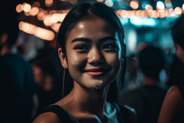 young adult woman outdoors in a busy place, fictitious location. Generative AI