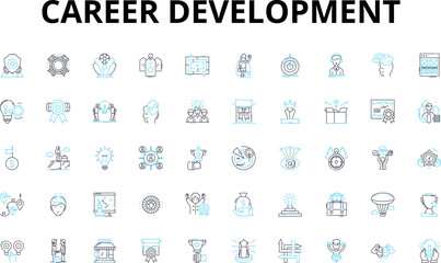 Career development linear icons set. Progression, Advancement, Learning, Growth, Satisfaction, Skills, Aspiration vector symbols and line concept signs. Achievement,Development,Success illustration