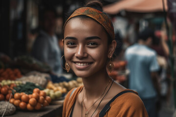 young adult or teenager is content and happy, at a street fruit stall, asian or indonesian, fictional place. Generative AI