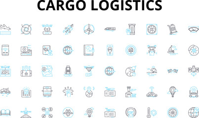 Cargo logistics linear icons set. Freight, Shipping, Transport, Supply chain, Warehouse, Distribution, Inventory vector symbols and line concept signs. Logistics,Carrier,Trucking illustration