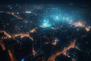 Digital city with glowing mesh and hologram on blurry backdrop, embodying tech innovation and communication. Generative AI