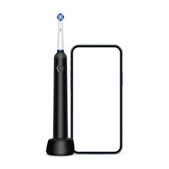 Black Electric Toothbrush on Charger, Smartphone. Mobile Interactive Connection Concept. Vector Illustration