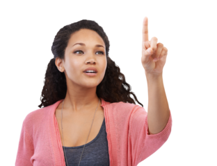 Future, invisible screen and finger with woman isolated on a transparent, png background. Internet, cyber and tech with young female touching space for virtual experience with touchscreen technology