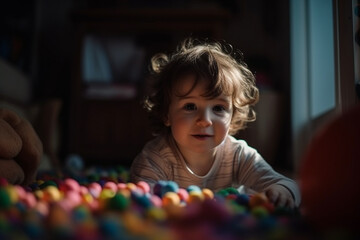 Fototapeta premium child kid girl in her room playing with mass of toys. Generative AI