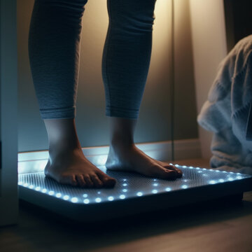 Barefoot teenager or young woman weighing herself on a bathroom scale on a tiled floor with a close up on her feet.Generative AI