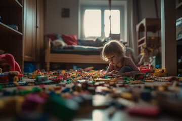 child kid girl in her room playing with mass of toys. Generative AI