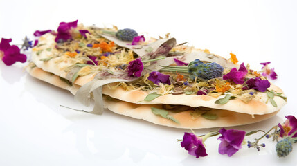 Fototapeta na wymiar Jewish flatbread with flowers and ribbon on white background, generative ai