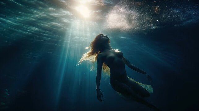 Beautiful young woman with mermaid tail swims and dives under sunny deep water, fantastic fish in water, generative AI.