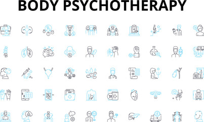 Body psychotherapy linear icons set. Embodiment, Movement, Sensation, Breathwork, Mindfulness, Bioenergetics, Interoception vector symbols and line concept signs. Generative AI