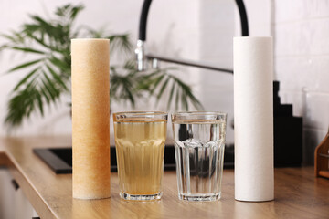 House water filtration system to drinkable condition. New clean water filter cartridge and glass of...
