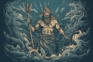 Neptune is the god of the underwater sea, Poseidon is the mythical god of water, generative AI. - obrazy, fototapety, plakaty