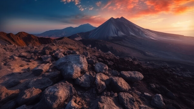 Amazing volcano landscape with rough rocky terrain at sunset generative ai