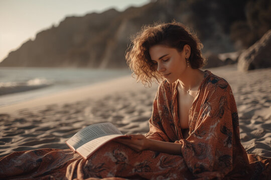 woman is sitting on the beach and reading. Generative AI