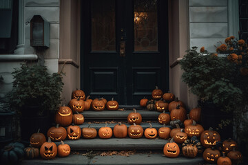 Obraz premium halloween pumpkins on the stairs at the entrance of a private house, apartment decorated on halloween. Generative AI