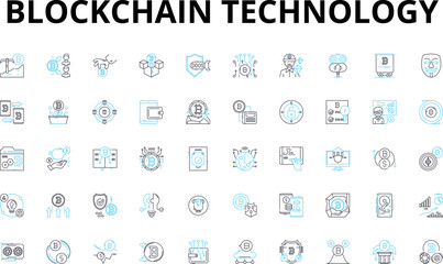 Blockchain technology linear icons set. Cryptography, Decentralization, Peer-to-peer, Immutable, Trustless, Consensus, Transparency vector symbols and line concept signs. Smart Generative AI - obrazy, fototapety, plakaty