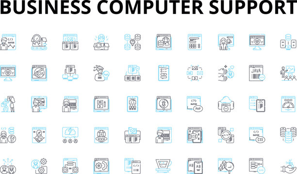 Business computer support linear icons set. Hardware, Software, Nerking, IT, Security, Maintenance, Troubleshooting vector symbols and line concept signs. Helpdesk,Backup,Recovery Generative AI