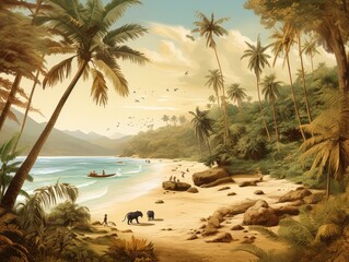 Ein Strandpanorama, das mit Tieren versehen ist, vermittelt ein Gefühl von tropischem Abenteuer bei klarem blauem Himmel. Generative AI, 