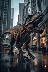 Fototapeta na wymiar The raptor dinosaur walks the streets of the city and scares the inhabitants, a big and scary predator,generative AI.