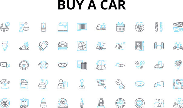 Buy a car linear icons set. Purchase, Vehicle, Auto, Automobile, Transport, Drive, Investment vector symbols and line concept signs. Status,Upgrade,Budget illustration Generative AI