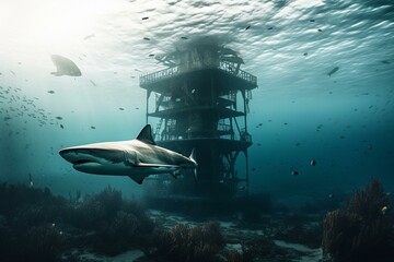 A shark swims in the ocean near a tall structure. Generative AI