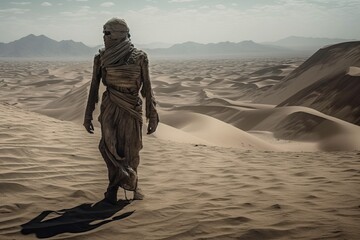 A mummy walks in the desert, a mummified person in the desert, generative AI.