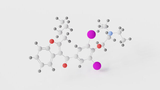 amiodarone molecule 3d, molecular structure, ball and stick model, structural chemical formula cordarone