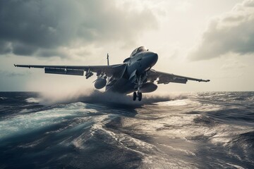 Jet taking off from carrier in sea. Generative AI