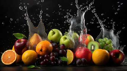Fototapeta na wymiar Fruits on black background with water splash, generative ai