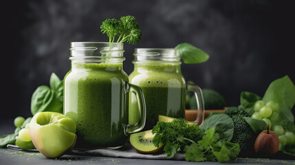 Glass jar mugs with green health smoothie, kale leaves, lime, apple, kiwi, grapes, banana, avocado, lettuce. vegan, vegetarian, alkaline food concept, generative ai