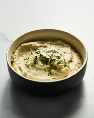 Classic Tartar Sauce dip in the bowl. Mayonnaise with dill and capers plus lemon, shallot onion. Worcester sauce and Dijon Mustard. 