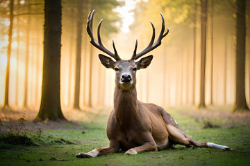 Beautiful Majestic Deer Lying on theGround Looking at Camera
