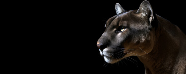 The muzzle of a cougar, a large carnivorous animal close-up. Panoramic image of the head of a predatory animal on the left on a black isolated banner background. Generative AI.