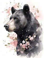 Black bear, asian style, Japanese, watercolor, cherry blossoms, digital prints, digital resources. Generative AI