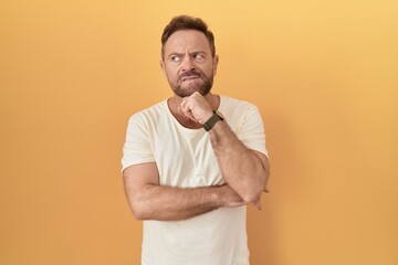 Middle age man with beard standing over yellow background thinking worried about a question, concerned and nervous with hand on chin