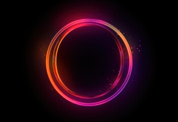 Abstract neon circle, red orange, purple glowing border isolated on a dark background. Colorful light effect. Bright illuminated circle.